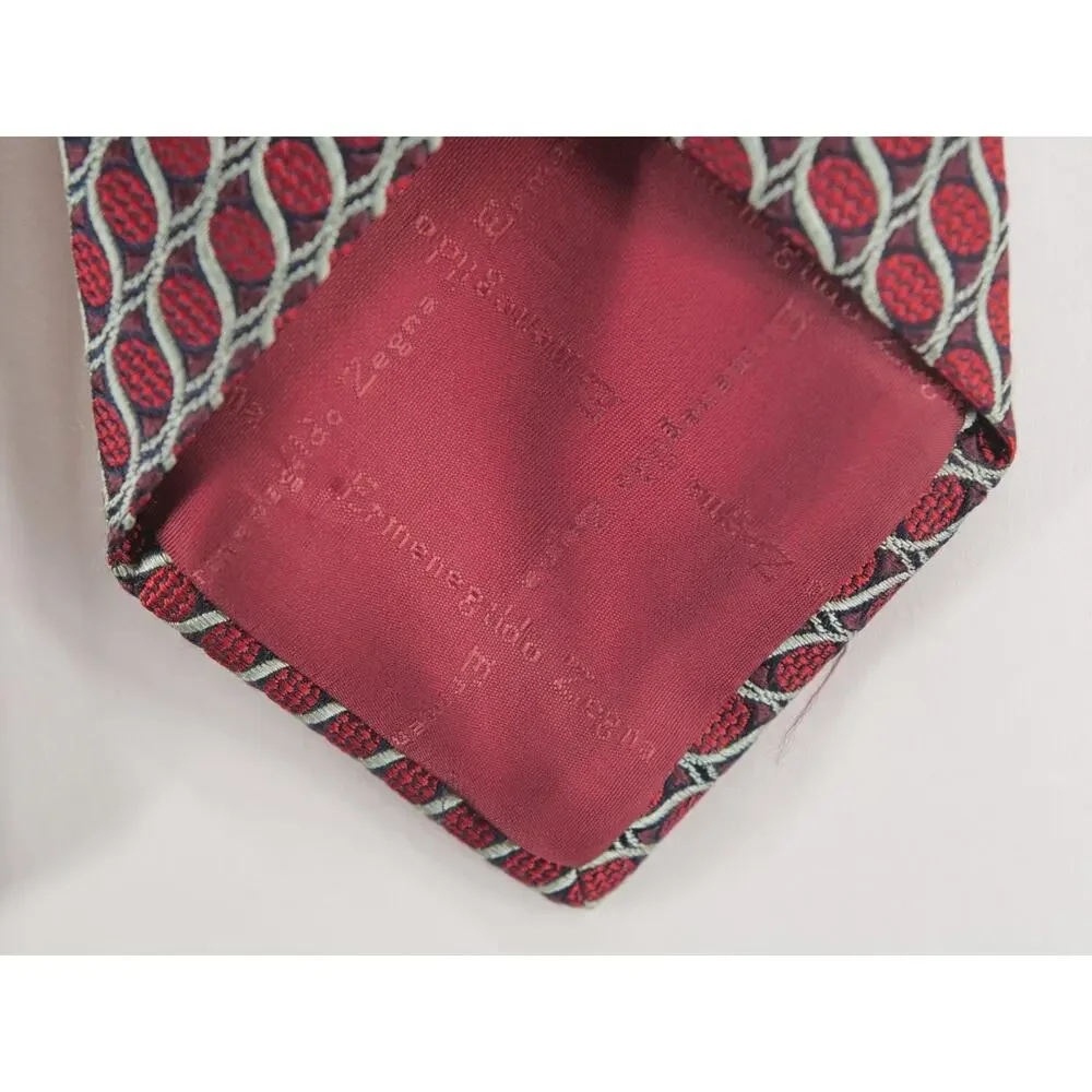 Ermenegildo Zegna Silk Tie Mens Red Burgundy Wavy Geometric Italy 3.75